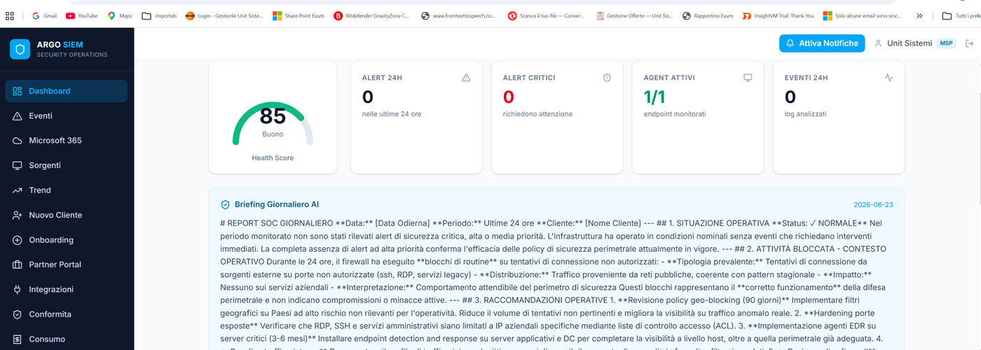 ARGO SIEM Dashboard - Health Score, Alert, Briefing AI