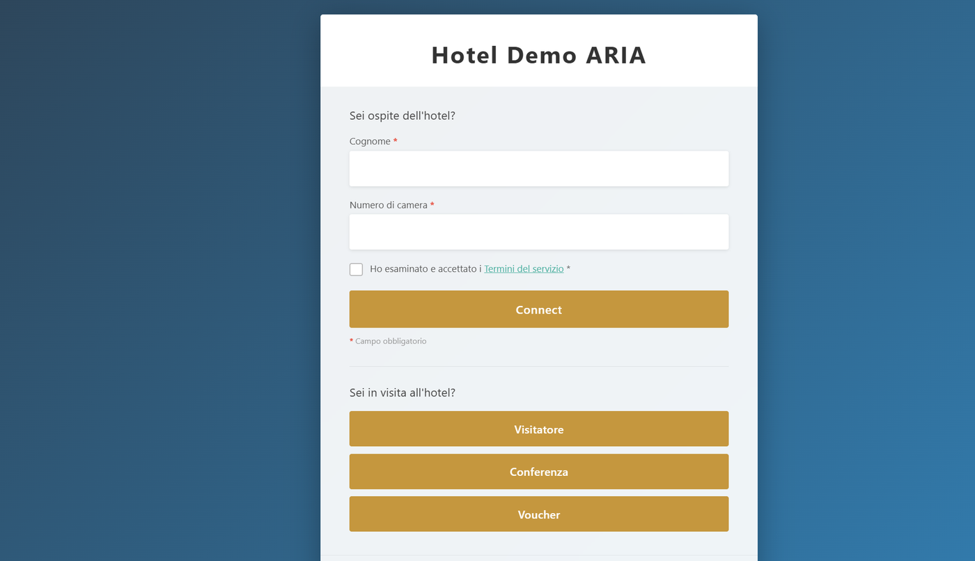Pagina login ospite hotel con opzioni Visitatore, Conferenza, Voucher