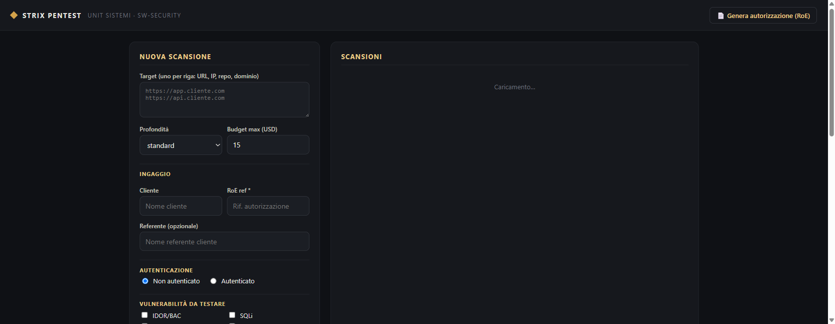 Piattaforma di penetration test Unit Sistemi: composizione dell'ingaggio con scope, RoE e classi di vulnerabilita OWASP