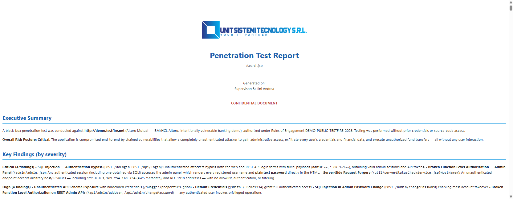 Penetration test report branded Unit Sistemi in English, with executive summary and overall risk posture